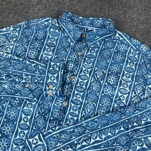 The Territory Ahead Mens XL Blue White Batik Floral Geometric Button Down Shirt